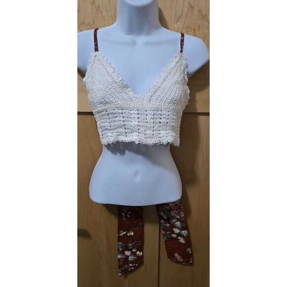 Handmade Crochet Crop Top With Floral Tie-Back Adjustable Straps Large Size Whit - Picture 1 of 5